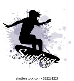 silhouette of the girl of the surfer against the background of splashes in style grunge