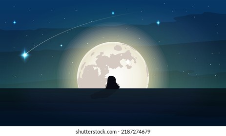 Silhouette girl swimming in full moon background. Vector illustration