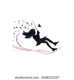 Silhouette of Girl Swinging on Rope Against Birds in Flight
