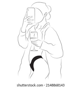 The silhouette of a girl takes a selfie with a glass in her hand and an open bathrobe. Minimalism style. Home cosiness and comfort concept, emblem, drawing, tattoo, print. Isolated vector illustration