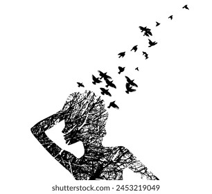 Silhouette of a girl thinking. Thoughts fly like birds. Vector illustration