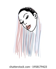 silhouette of a girl with a traditional African American hairstyle, box braids and braids. color black and white illustration on white isolated background.