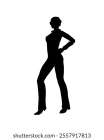 Silhouette of a girl in trousers, shirt and glasses. The girl stands with one leg forward and one hand on her hip. Vector illustration.