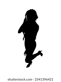 Silhouette of a girl in trousers, shirt and high heels. The girl stands with one leg raised back and one hand raised to her head. Vector illustration.