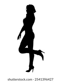 Silhouette of a girl in trousers, shirt and high heels. The girl stands with one leg raised back and one hand raised to her head. Vector illustration.