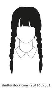 Silhouette of girl with two black pigtail braids. Wednesday style. 