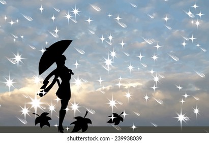 Silhouette of a girl with an umbrella against the sky.