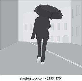 Silhouette girl with umbrella in city