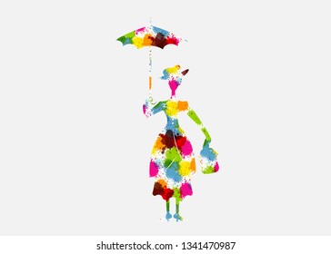 Silhouette girl with umbrella multicolour splash style, isolated on white background