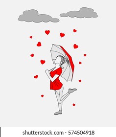 Silhouette of girl under umbrella. Rain of hearts. Love. Valentine's Day