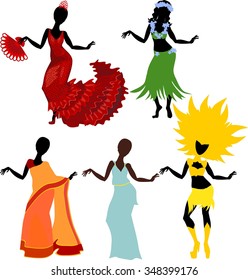 silhouette of girl and various dance costumes