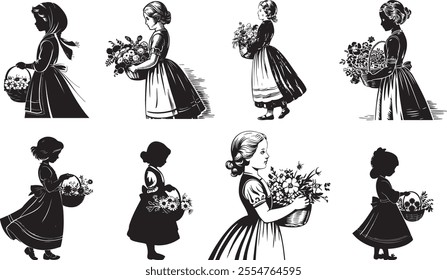 Silhouette of a girl vintage style holding a basket carrying flowers traditional dress