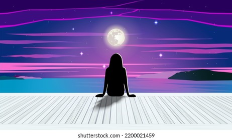 Silhouette girl watching the sea. Vector Illustration
