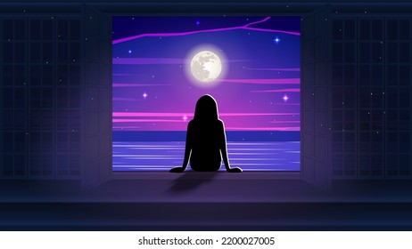 Silhouette girl watching the sea. Vector Illustration