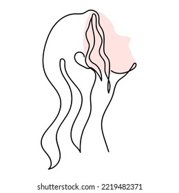 Silhouette of a girl with wet hair in line-art style.