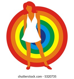 Silhouette of the girl in a white dress on a background of a circle of colors of a rainbow. Figure is isolated on a white background
