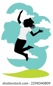 Silhouette of a girl in a white t-shirt jump to the sky illustration.