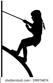 the silhouette of a girl who is climbing up the rope to the slide on a white background vector