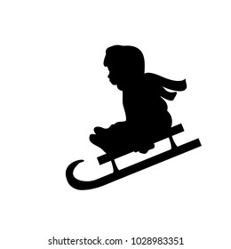 Silhouette girl winter sport riding sleigh. Vector illustration