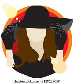 Silhouette of a girl without a face in a hat and gloves at sunset