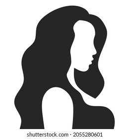 Silhouette of a girl. A woman with long curly hair looks ahead. Courage and self-love. Simple flat color vector illustration.