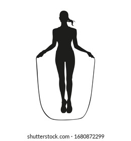 Silhouette girl workout exercise jump rope. Isolated vector illustration.