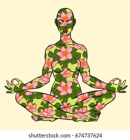 Silhouette of a girl in yoga pose. Flowers.