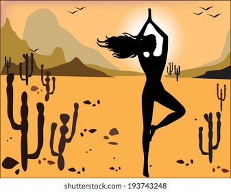 Silhouette of a girl in yoga pose on the background of the desert