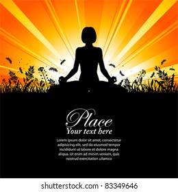 Silhouette of a Girl in Yoga pose on Nature background with grass, flower and butterfly, element for design, vector illustration