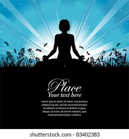 Silhouette of a Girl in Yoga pose on Nature background with grass, flower and butterfly, element for design, vector illustration