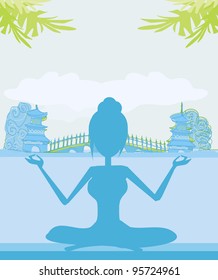 Silhouette of a Girl in Yoga pose on Summer background with palm tree