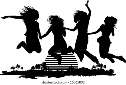 silhouette of girlfriends holding hands jumping against palm beach sunset background vector illustration