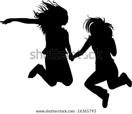 Download Silhouette Girlfriends Jumping Together Holding Hands ...