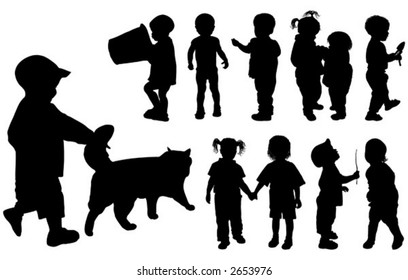 Silhouette girls and boys (age of children - from a year up to two), vector illustration
