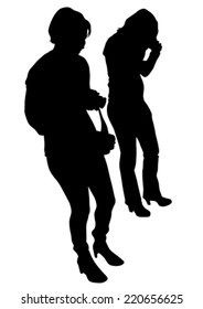 Silhouette girls with a camera on white background