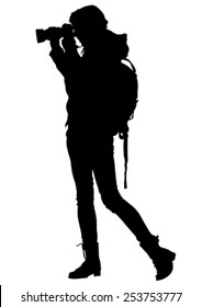 Silhouette girls with a camera on white background