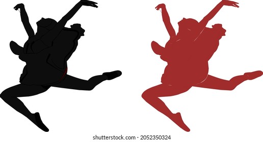 Silhouette of girls is dancing ballet.  Ballerina is performing her dance.