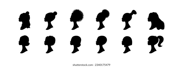 Silhouette of girls with different stylish hairstyles. Set of black vector icons.