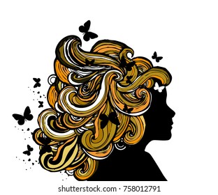 Silhouette of the girl's face with abstract hairstyle. Vector