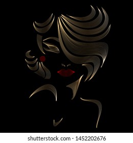 silhouette girls face, linear art icon, golden silhouette on black background, vector illustration, eps 10