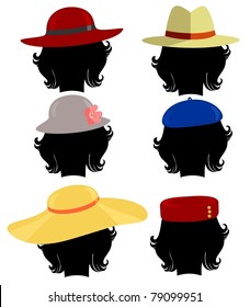 silhouette of the girl's head in different hats