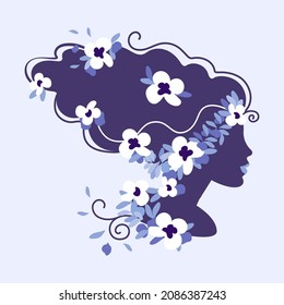 Silhouette of a girl's head with hand drawn spring flowers and leaves. Flat vector illustration. For a web banner or greeting card.