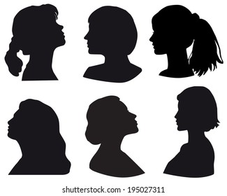 Silhouette of a girls head, in profile, black, Isolated on white background