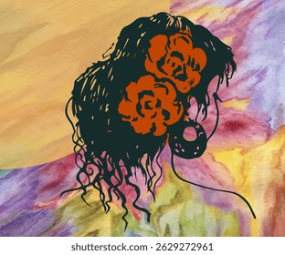 Silhueta da cabeça de uma menina com flores vermelhas no cabelo. Esboço da mão. Fundo de aquarela multicolorido abstrato e sol.