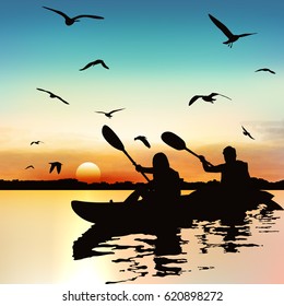 Silhouette of girls kayaking, having fun.