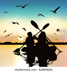 Silhouette of girls kayaking, having fun.