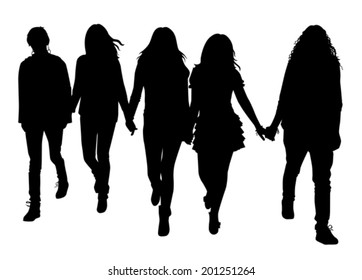the silhouette of girls who go and hold hands on a white background vector