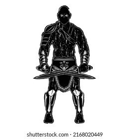 The silhouette of a gladiator. An arena warrior with two swords. A Roman hero. God of war Ares. Vector illustration of ancient myths for t shirt print. Black tattoo. Grunge style.