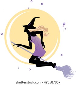 Silhouette of the glamour witch flying on the broom near moon at halloween night. Vector illustration. 