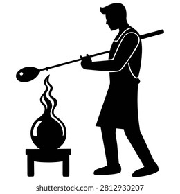 Silhouette of glassblower at work. Craftsman using blowpipe to shape hot glass. Artisan creating glass object with flame. Skillful maker at workbench. Ancient art.